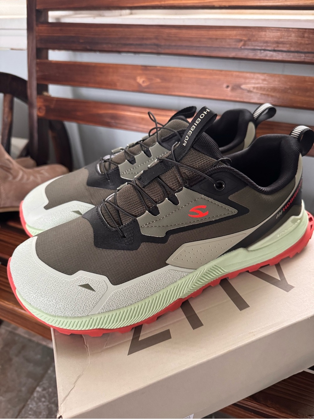Men's Olive Green Athletic Trail Shoes with Coral Accents EUR 45 or 11.5 men’s